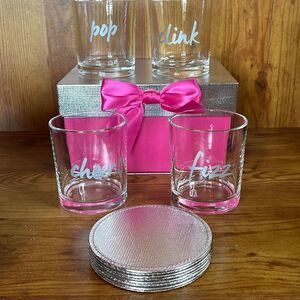 4 Low Ball Drinks Part 10oz set cheers‎ pop fizz clink with silver coasters